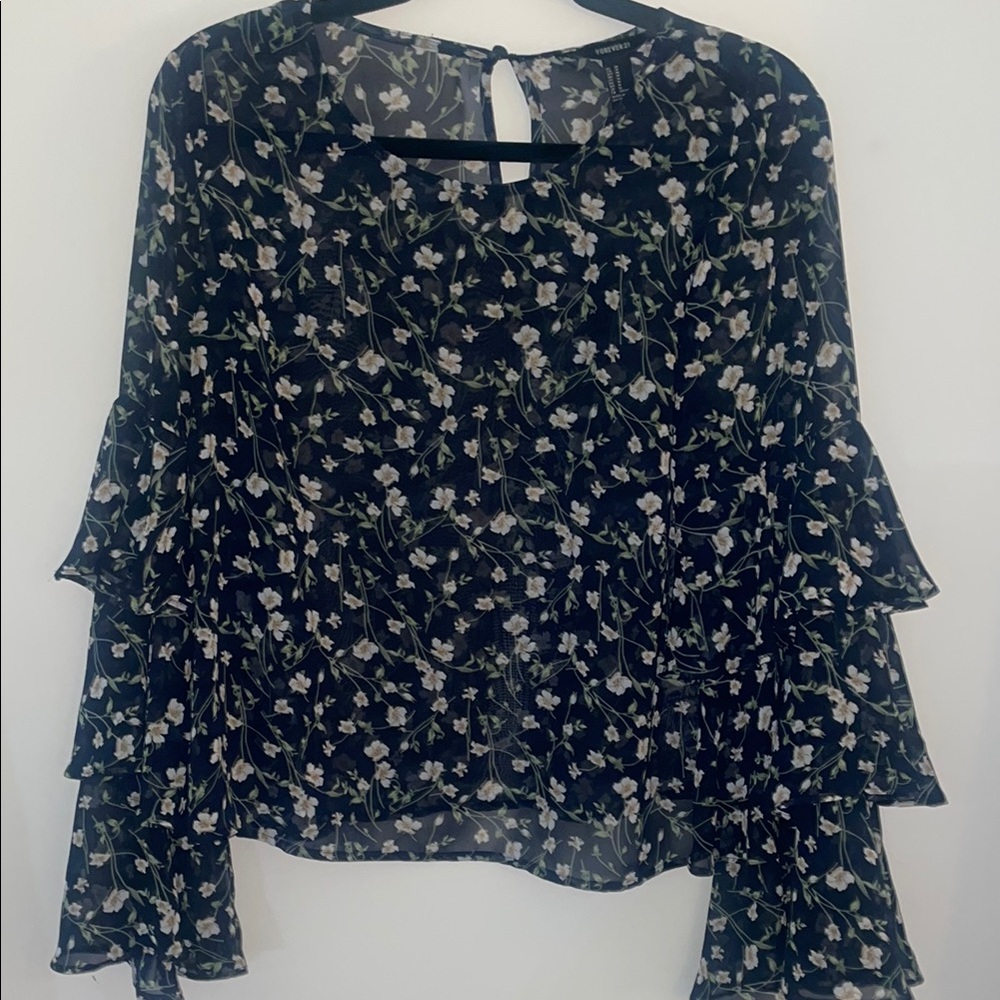 Sheer Black Floral Ruffled Sleeve Top